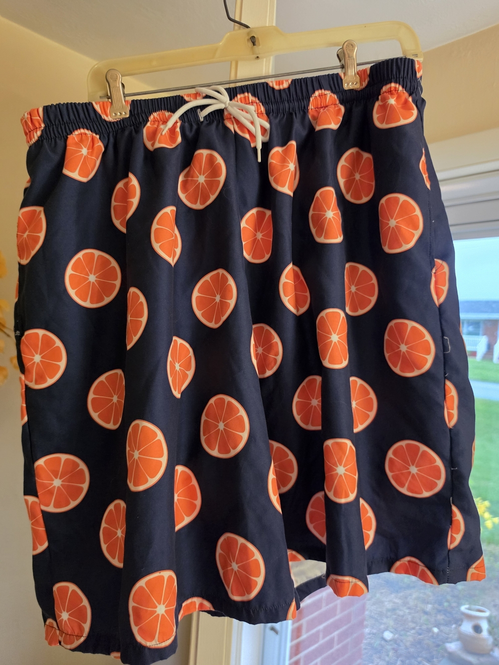 Men's XL Fruit Print Swim Trunks Navy Orange Elastic Waist Drawstring Mesh Lined